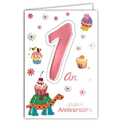 Age MV 69 – 2001 tarjeta cumpleaños feliz 1 an bebé niña diseño de tortuga para hornear Cupcakes flores
