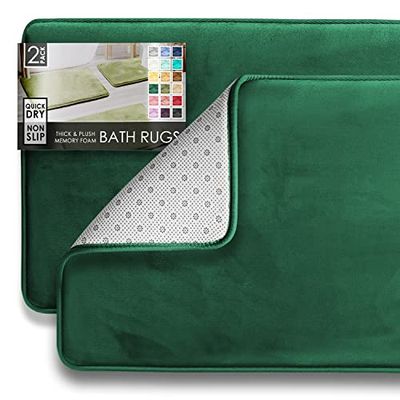 Clara Clark Tappeto da bagno in velluto, in memory foam, antiscivolo, lavabile in lavatrice, ultra morbido, si asciuga rapidamente, set di 2, colore: verde cacciatore