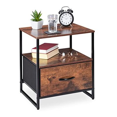 Relaxdays Night Stand, Side Table, Drawer, H x W x D: Approx. 50 x 45 x 40 cm, Metal & MDF, Black/Brown