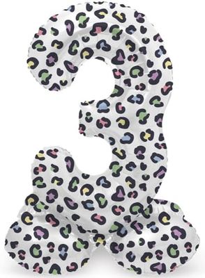 Folat 64743 Birthday Balloon Standing Number 3 Bright Panther White 41 cm - Decoration Birthday Decoration, Balloon Number, No Helium Required