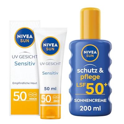 NIVEA SUN Set med NIVEA SUN UV ansikte känslig solskydd SPF 50 och skydd & vård solskyddsmedel Spray SPF 50+, parfymfri ansiktskräm med SPF, omedelbart effektiv och vattentät solkräm