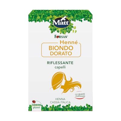 Matt, Henna Gyllene blond, hennabaserad hårreflektion, med extrakt av gurkmeja och rabarber, 100% naturligt, stärker håret, användbart för att täcka vitt hår, 2 x 50 g enkeldosfickor