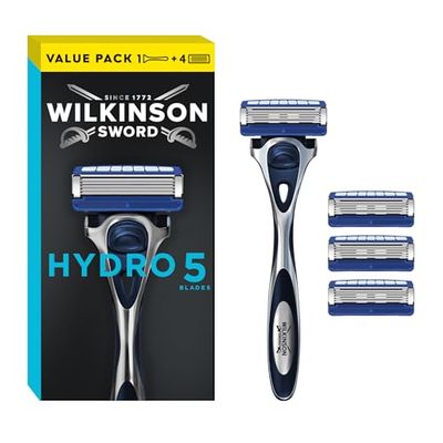 Wilkinson Sword - Hydro 5 Razor For Men, Carbon Coated Blades, Hydrating Gel, Precision Trimmer, 5 Blades, Blue, Sensitive Skin
