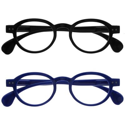 OPULIZE OCA Occhiali da lettura - Pacco da 2 - Montatura Moderna Retró Rotonda - Nero Blu - Uomini Donne - Cerniere a molla - RR54-13 - +1.00