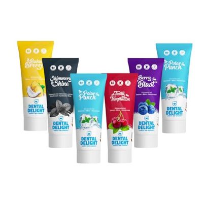 DENTAL DELIGHT Lot de Dentifrices - 6 Goûts : Sunny Splash, Polar Punch, Koala Kiss, Shimmery Shine, Berry Blast, Bahama Breeze - Neutre Pour le Climat, Vegan, 0 Microplastique - Idée Cadeau