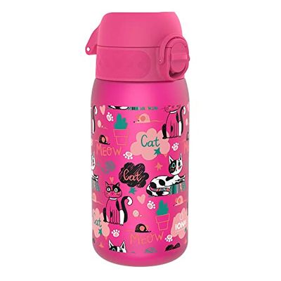 Ion8 Kids Water Bottle, 350ml, Leak Proof, One-Finger Open, Dishwasher Safe, BPA Free, Flip Cover, Carry Handle, Spill-free On-The-Go, Easy Clean Carbon Neutral Recyclon, Pink, Cats