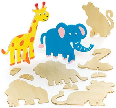 Baker Ross Wooden Jungle Animal Stand Up Kits (Pack of 10) AR443, for Kids to Decorate and Display, Assorted, 7.5cm-14cm