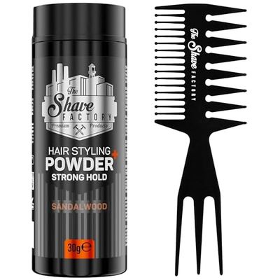The Shave factory Hair Styling Powder - Mattifying and Volumizing Powder, with comb types suitable for all areas of use, hair comb and powder wax (Comb 034 & Strong Hold Styling Powder 30gr)