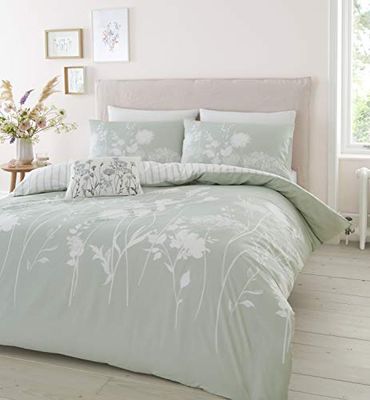 Catherine Lansfield Meadowsweet Floral Juego de edredón, Poliéster Algodón, Verde, Doublé