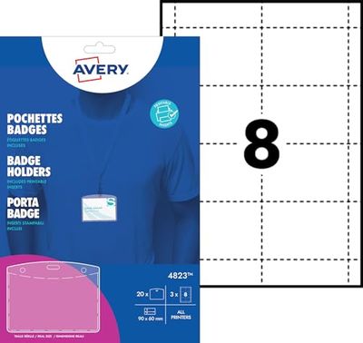 Avery 4823 Plastic Badge Pockets x 20 with Printable Badge Inserts 90 x 60 mm (8 Badges per Sheet x 3 Sheets)