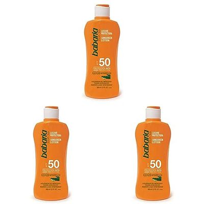 Babaria - Leche Solar, Protector SPF 50 con Aloe Vera, Alta Protección UVA/UVB e Infrarrojos, Acelerador del Bronceado y Resistente al Agua, Vegano - 200 ml (Paquete de 3)