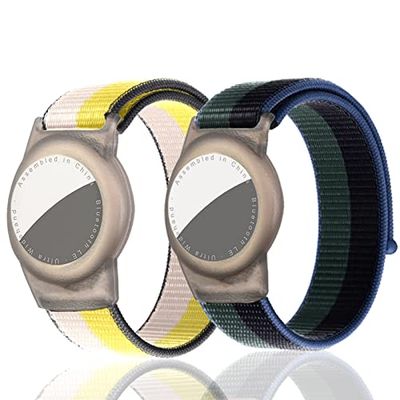 Dingfeiyu AirTag-armband voor kinderen, 2 stuks, AirTag-accessoires, krasbestendig, GPS, AirTag-armband, voor kinderen of volwassenen (geel + groen), 16x8x2cm, Kunststof Nylon