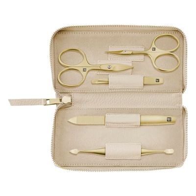 ZWILLING Set de manicura y pedicura, estuche de piel de vacuno, 5 piezas con tijeras para uñas, edición premium Gold Edition, color negro