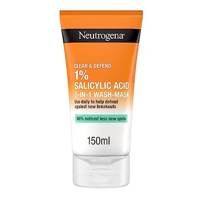 Neutrogena Clear & Defend 2 in 1 Wash-Mask (1x 150ml), Purifying Face Wash and Clay Mask for Oily, Spot-Prone Skin, Face Wash Mask with 1% Salicylic Acid for Clearer Skin and to Help Prevent Breakouts