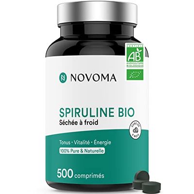 NOVOMA Spiruline 500 mg, 100% Pure Sans Excipient, Immunité & Anti-Fatigue, 19% de Phycocianine, Riche en Protéines, Minéraux & Vitamines, Conditionné en France, 500 Comprimés Vegan