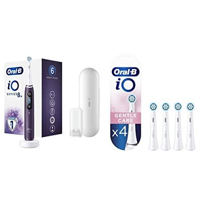 Oral-B iO Series 8n Brosse à Dents Électrique Rechargeable avec 1 Manche Intelligence Artificielle, Violet, 1 Brossette et 1 Étui de Voyage & iO Gentle Care Brossettes de rechange Pack de 4