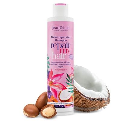 Jean & Len Shampooing Repair Huile de coco & Macadamia, pour cheveux abîmés & sans force, prévient la perte d'hydratation, sans parabènes & silicones, végétalien 300 ml