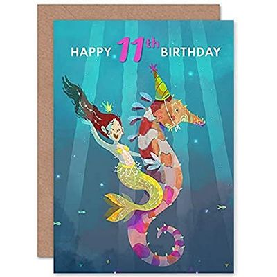 Wee Blue Coo Zeemeermin Seahorse Birthday 11e Greetings Card zeemeermin