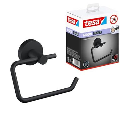 tesa Moon Black Portarrollos de Papel Higiénico - Portarrollos Autoadhesivo Sin Tapa para Baños de Estilo Industrial y Moderno - Sin Taladro - 99 mm x 140 mm x 53 mm - Negro Mate