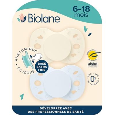 BIOLANE - Tétines anatomiques - Sucettes extra-fines - 6 à 18 mois - Bleu et Beige - Téterelle plate et réversible- Confort optimal- Respect du développement bucco-dentaire