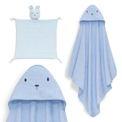Interbaby - Mantello da bagno per bambini + mussola di Dudu | Asciugamano con cappuccio 100% cotone, unisex, morbido, asciugatura rapida, ideale per neonati, neonati e bambini piccoli, design orso