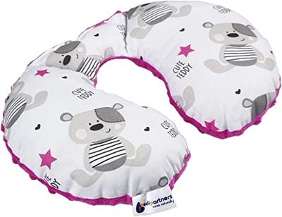 Medi Partners Coussin Voyage Enfant de Cou pour Bebe Repose Tete Voiture Oreiller Voyag - 100% Coton/Minky Oreill Cale Nuque Tour du Voiture Avion Bébé (Teddy avec Minky Rose foncé)
