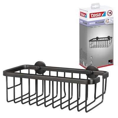 tesa MOON Etagère de Douche Autocollante, Graphite Brossé - Etage Unique et Extra Profond - Etagère de Douche en Métal, Revêtement PVD - Sans Perçage avec Solution Adhésive - 92 mm x 250 mm x 125 mm