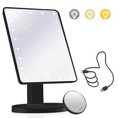 Makeup Vanity Mirror with Lights and 22 LED Lighted Makeup Mirror, Detachable 10X Magnification, Adjustable Dimming Touch Sensor, Dual Power Supply, 270° Rotation, Portable Cosmetic Mirror - Pink