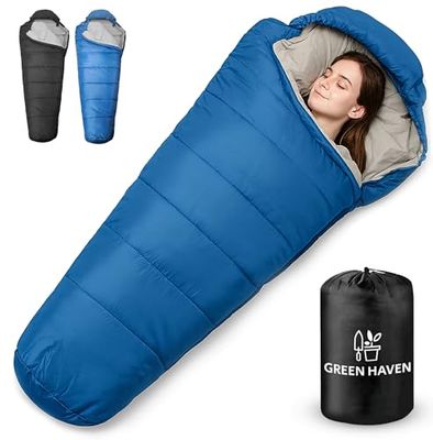 Green Haven Sacco a pelo a forma di mummia, 150 g/m², con tasca interna, impermeabile, leggero, per campeggio e attività all'aperto, 3 stagioni, per primavera, estate e inizio autunno, azzurro