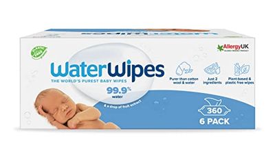 WaterWipes Plastic-Free Original Baby Wipes, 360 Count (6 packs), 99.9% Water Based Wipes, Unscented for Sensitive Skin
