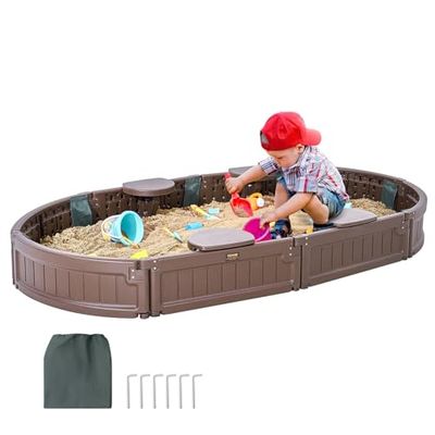 VEVOR Caja de Arena con Tapa Areno de HDPE Ovalado de 183x105,5x23cm con 4 Asientos en Las Esquinas y Revestimiento Inferior para Niños de 3 a 12 Años para Patio al Aire Libre, Playa, Parque, Marrón