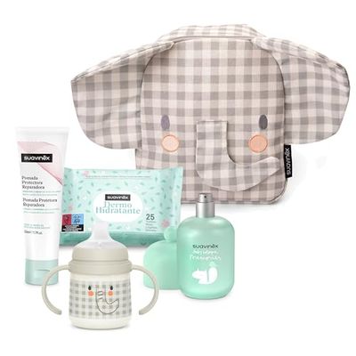 Suavinex, Sac à dos de crèche pour bébés, panier - Cadeau pour bébé avec : Baby Cologne Memories 100 ml + crème couche 50 ml + Pack 25 lingettes dermohidratantes + tasse d'apprentissage, éléphant gris