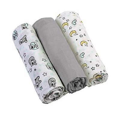 Babyono Muslin Nappies Super Soft Muslin Nappies 70 x 70 cm (Pack of 3), Burp Cloths (Grey/Moon Bear)