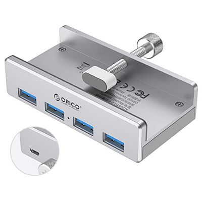 ORICO USB HUB Clip-Type met Extra Voedingspoort, 4-poorts USB 3.0 Hub 5 Gbps Super Speed, Mini Aluminium Datahub met 150 cm Lange Kabel, Voor Bureaus, Desktop computer, Monitoren - Zilver