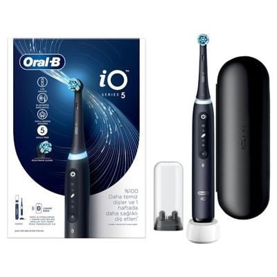 Oral-B iO 5 Cepillo de dientes eléctrico, tecnología magnética, 5 modos de cepillado para el cuidado dental, indicador LED y estuche de viaje, diseñado por marrón, negro mate