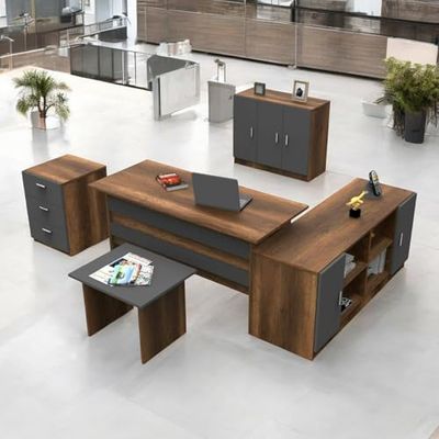 Dmora - Set de Bureau Delta, Composition du Studio, Kit de Bureau, Ensemble de Bureau et de tiroirs, Noyer et Anthracite
