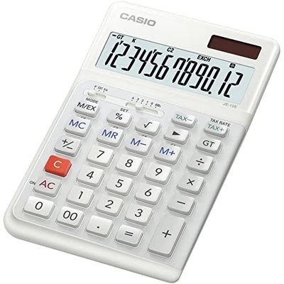 Casio ergonomisk bordsräknare JE-12E-WE, 12-siffrigt, tangentbord i trappdesign, vertikala tangenttryckningar, skatteberäkning, valutaomvandling, teckenbyte, sol/batteridrift
