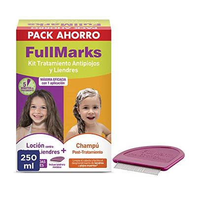 FullMarks Kit Tratamiento Antipiojos para Niños, Elimina los Piojos, Contiene Loción 100 ml, Champú Post-Tratamiento 150 ml y Lendrera Metálica