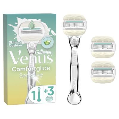 Gillette Venus Pro ComfortGlide Sensitive - Rasoio da donna con un tocco di aloe vera, 3 lame di ricambio, manico in metallo resistente e supporto doccia