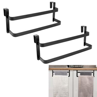 RedCall Paquete de 2 toalleros para armario de cocina, toallero de cocina de dos niveles, barra de toalla de acero sobre la puerta del armario, toallero doble para armario de baño, sostiene toallas de