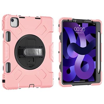Case for iPad Pro 11 (2018-2022) & iPad Air 10.9 (2020/2022), Shockproof Case with 360° Rotation Hand Strap/Stand/Shoulder Strap/Pencil 2 Support - Rose Gold