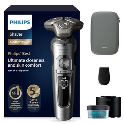 Philips Shaver Series 9000 Prestige, Wet and Dry Electric Shaver, Bright Chrome, Lift & Cut Shaving System, SkinIQ Technology, Precision Trimmer, Cleaning Pod and Premium Pouch, Model SP9841/32