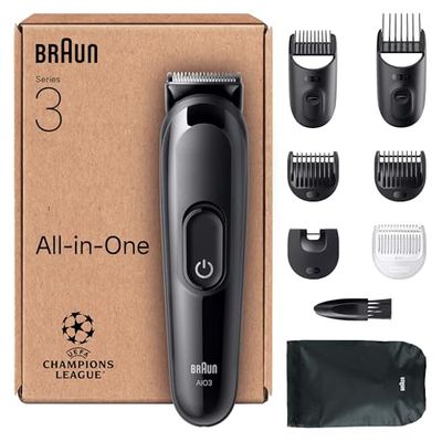 Braun All-in-One Series 3 Grooming Kit, 8-in-1 Beard Trimmer & Hair Clipper, Ultra Sharp Blade, 14 Lengths (3-21mm), 50-Min Cordless Runtime, Washable Heads, Easy & Fast Styling, AIO3545, Black