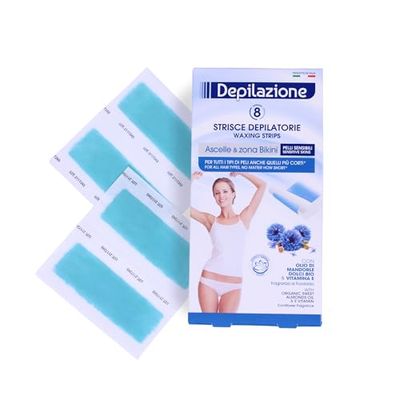 BeautyChic Strisce Depilatorie Ascelle e Bikini per Pelli Sensibili, 8pz, Con Olio di Mandorle Dolci Bio e Vitamina E, Fragranza Fiordaliso, 11,5 x 6 cm