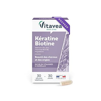 VITAVEA BIEN-ETRE - Kératine Biotine - Complément Alimentaire Soin Cheveux et Ongles - Violet (Vitamine B8), Zinc, Sélénium Vitamines B5 et B6-30 gélules - 1 mois - Fabriqué en France