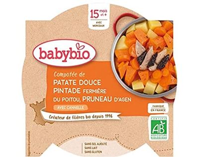 Babybio - Assiette Compotée de Patate Douce Pintade Fermière du Poitou aux Pruneaux 260 g - 15+ Mois