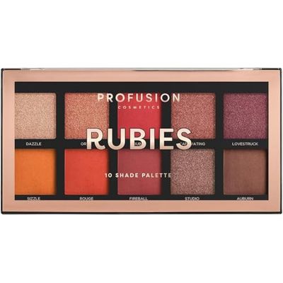 Profusion Cosmetics Rubies 10 Shade Eyeshadow Palette (blendable multi-finish corals and reds to crimson hues)