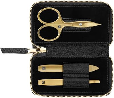 Zwilling Manicure Set (3 Pieces, Black Genuine Leather Case, Care for Hands and Feet, Travel Set, with Nail Scissors), Premium, Gold Edition