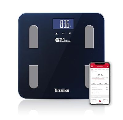 TERRAILLON - FIT COACH - Balance connectée WiFi, Impédancemètre, Analyse des masses graisseuse, musculaire, hydrique, osseuse et viscérale, IMC, Ecran LCD, Capacité 180 kg, Plateau verre, Noir