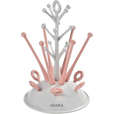 BÉABA Escorredor de biberão permite secar 6 biberões e acessórios, bandeja de recolha de água removível, prático e engenhoso, rosa